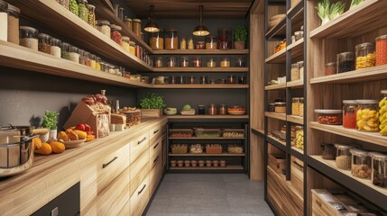 Fototapeta premium Well-organized pantry with various food items on wooden shelves.