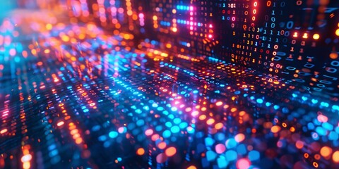 Fototapeta premium Binary code streams through a futuristic tech background..