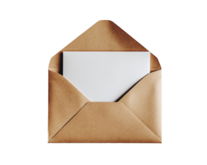 An open brown envelope with a blank white paper, isolated on a transparent background