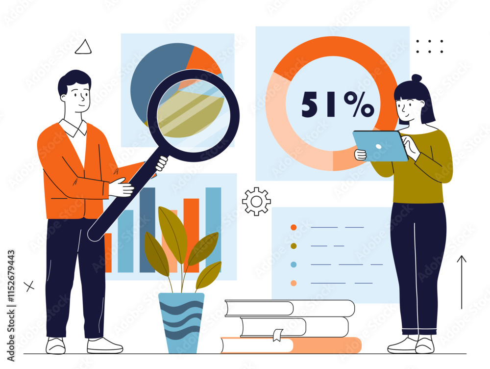 Aufkleber data analysis concept. woman and man with magnifying glass near graphs and diagrams. statistics and 