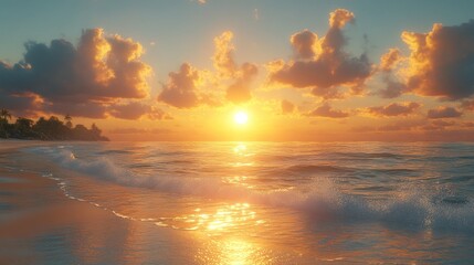 Obraz premium Tropical beach sunset; golden clouds, ocean waves.