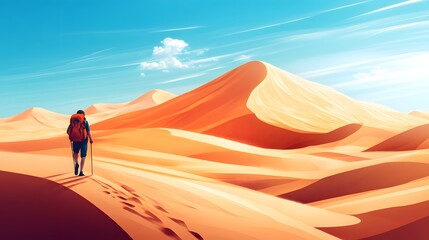 A traveler with a backpack trekking across a desert with endless dunes