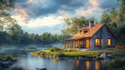 Fototapeta premium Stone cottage, lakeside setting, idyllic sunset.
