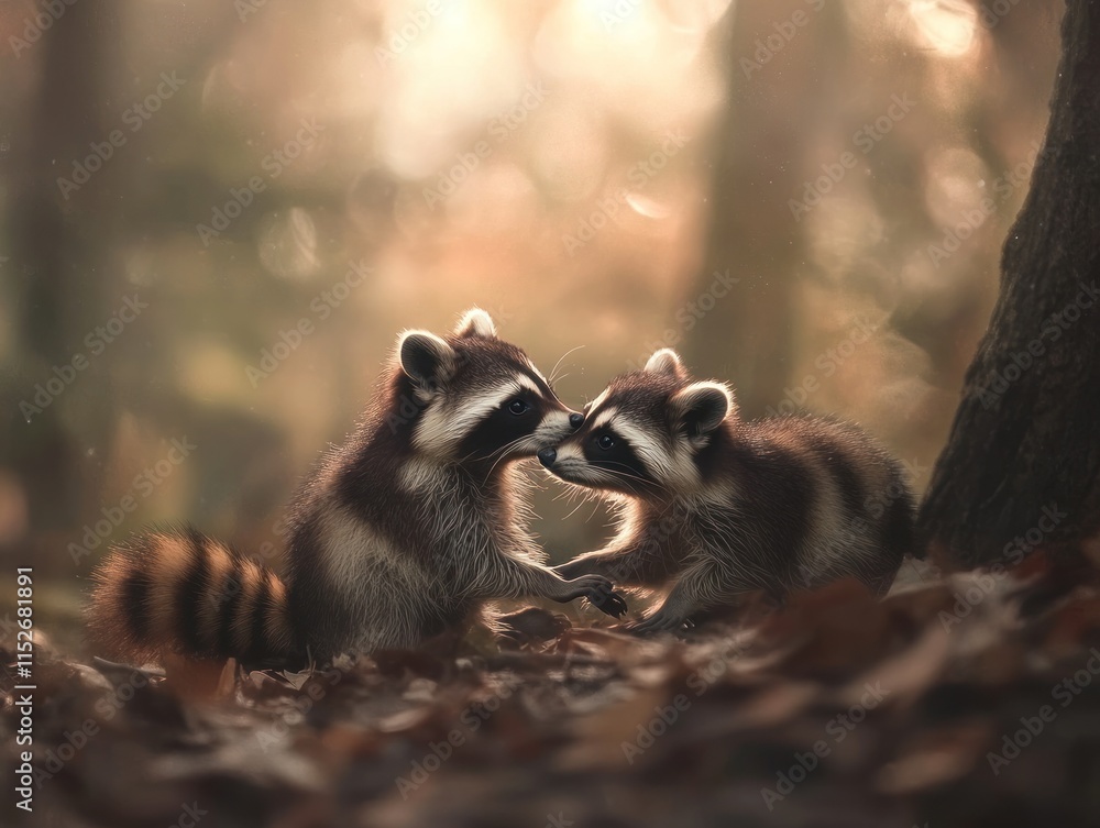 Poster two raccoons playfully interacting in a serene forest setting.