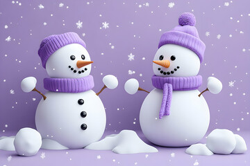 3D Illustration: Cute Snowmen in Purple