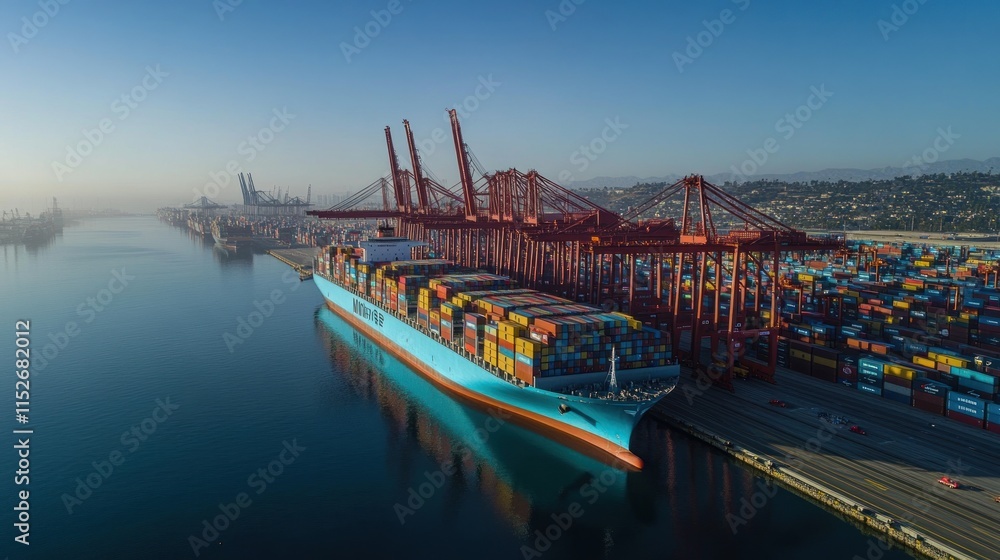 Poster Aerial view of a large cargo ship docked at a busy shipping port with containers stacked.