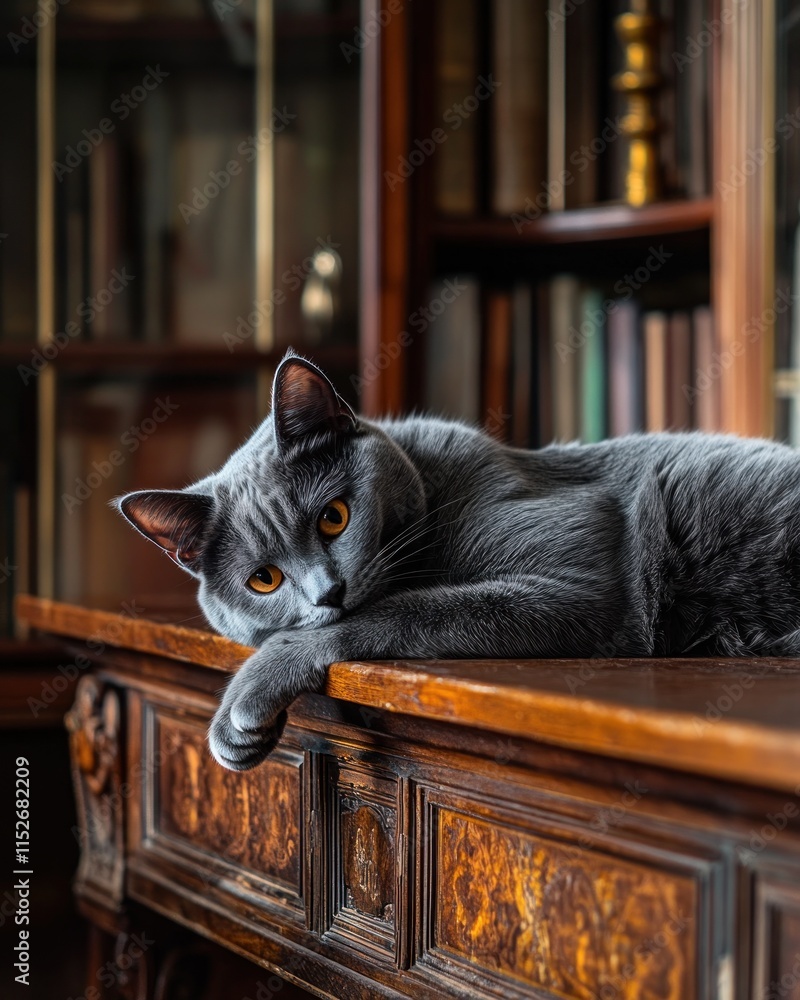 Poster a gray cat lounging on an ornate wooden table in a library setting.