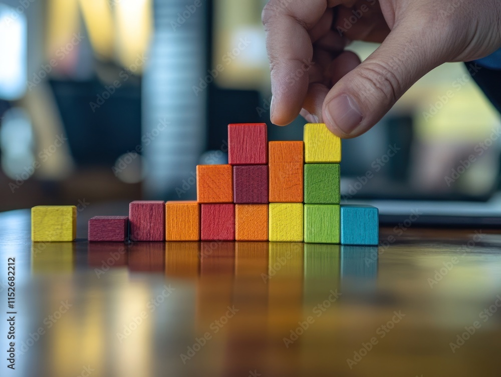 Poster A hand stacks colorful wooden blocks in a gradient pattern on a reflective surface.