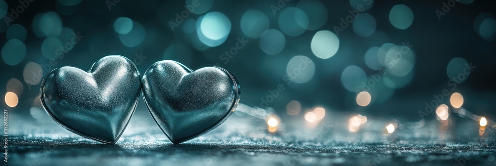 Poster two metallic hearts on a shimmering surface with a bokeh background, symbolizing love.