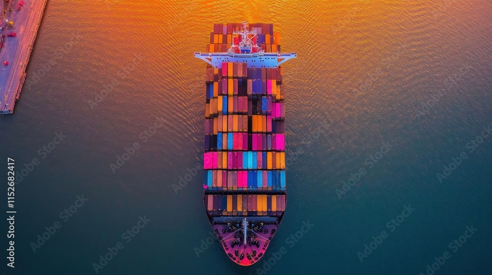 Poster aerial view of a colorful cargo ship loaded with containers on a calm water surface.