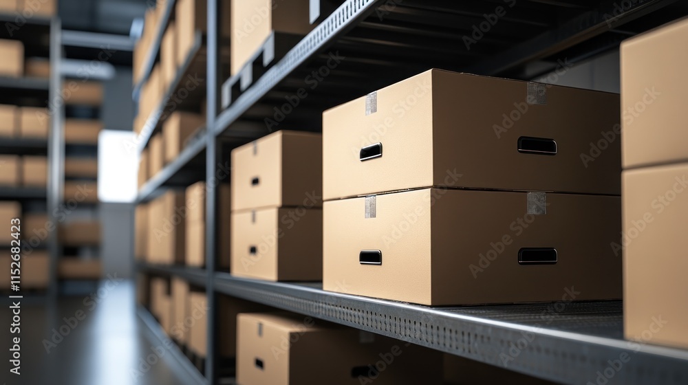 Poster a warehouse shelf filled with neatly stacked cardboard boxes for storage or inventory purposes.