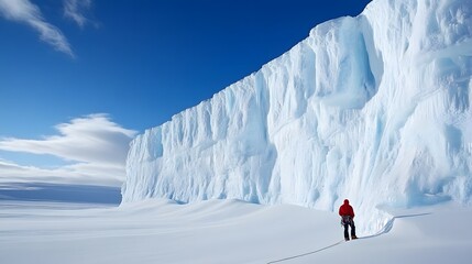 A climber scaling a towering ice wall with a dramatic snowy backdrop