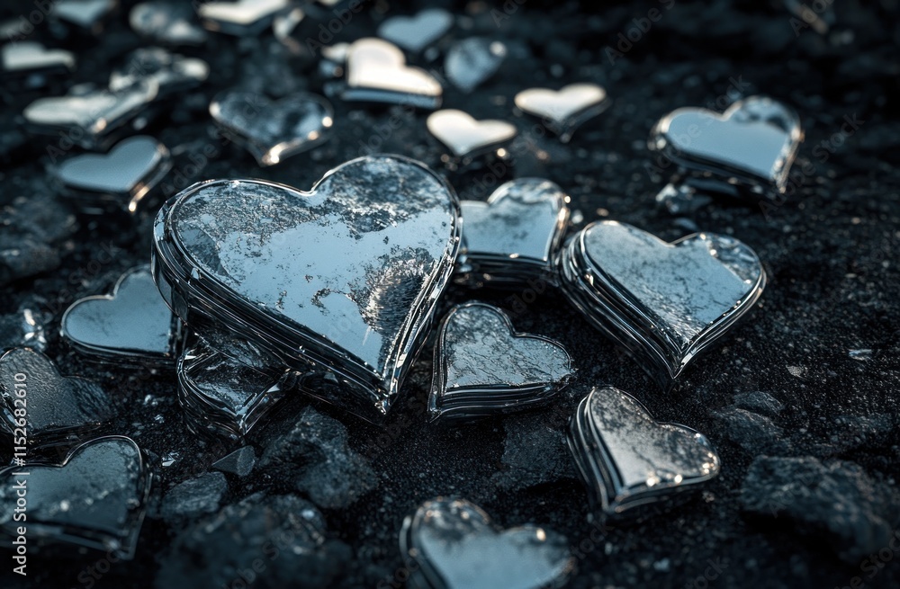 Poster Shiny metallic hearts scattered on a dark surface, creating an artistic and reflective display.