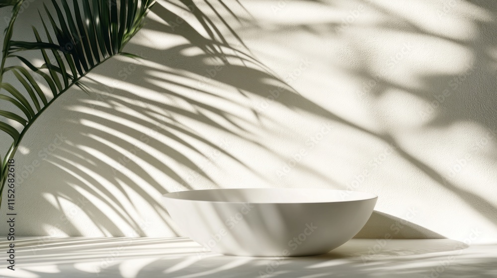 Poster A minimalist bowl surrounded by soft shadows from a palm leaf, creating a serene atmosphere.