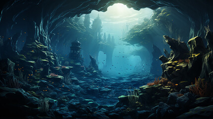 Sunlit Underwater Cave with Ruins and Fish