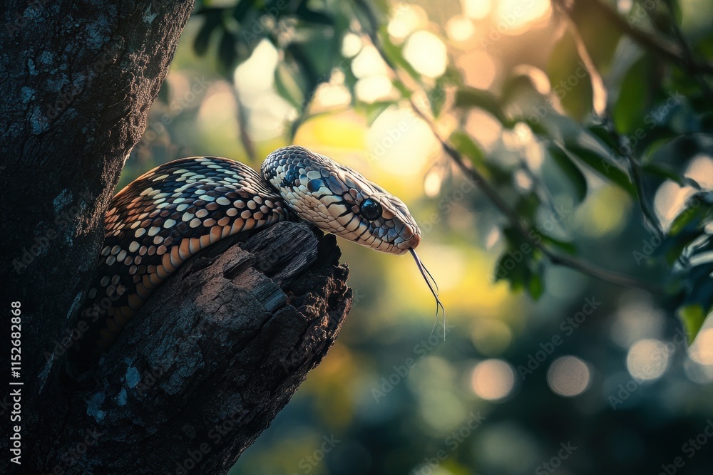 Poster A close-up of a snake resting on a tree branch, blending with its natural surroundings.
