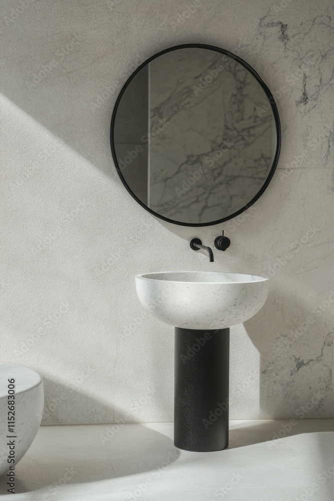 Poster modern bathroom featuring a round mirror and a stylish sink on a minimalist backdrop.