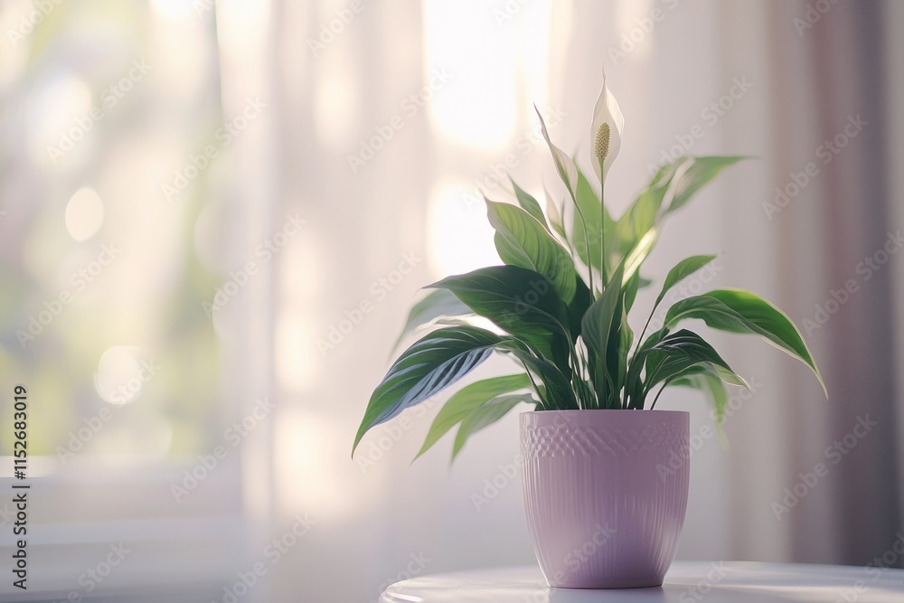 Poster a serene potted plant on a table with soft natural light filtering through curtains.
