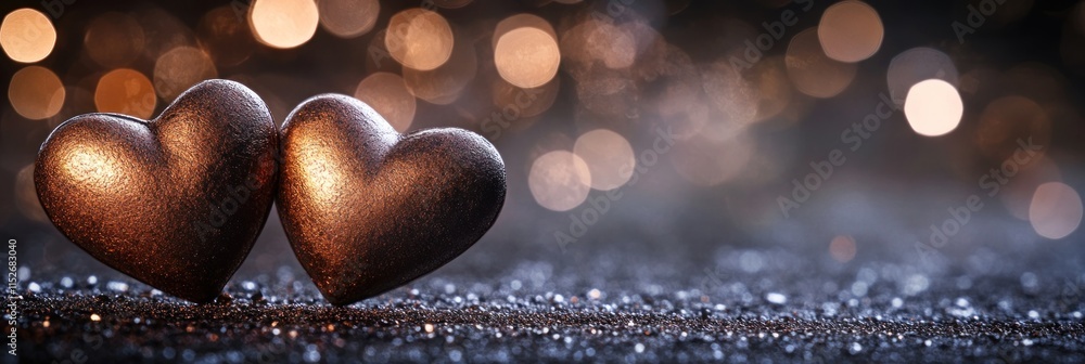 Aufkleber two metallic hearts on a shimmering surface with a blurred bokeh background.