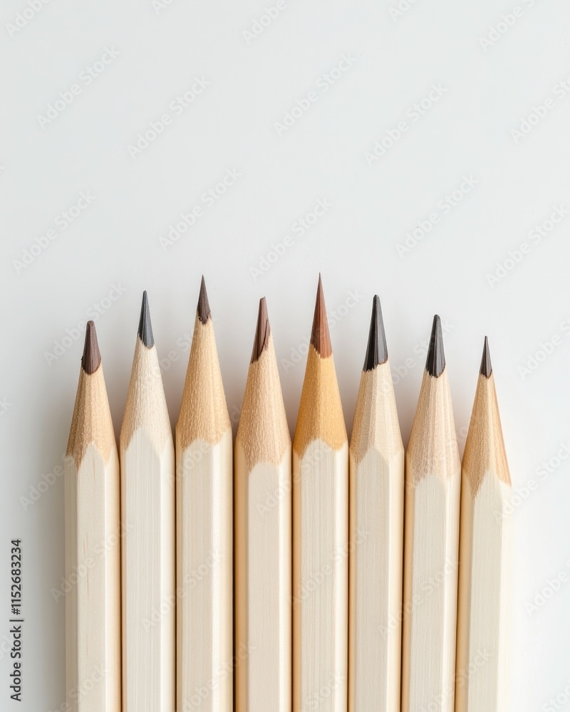 Poster a row of sharpened colored pencils arranged neatly on a white surface.