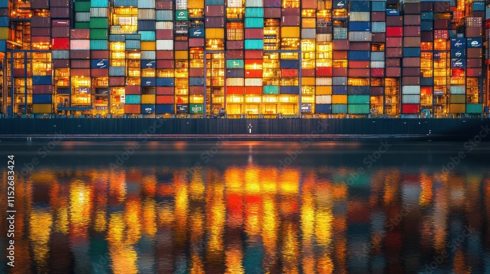 Poster a vibrant display of shipping containers reflecting on water at twilight.
