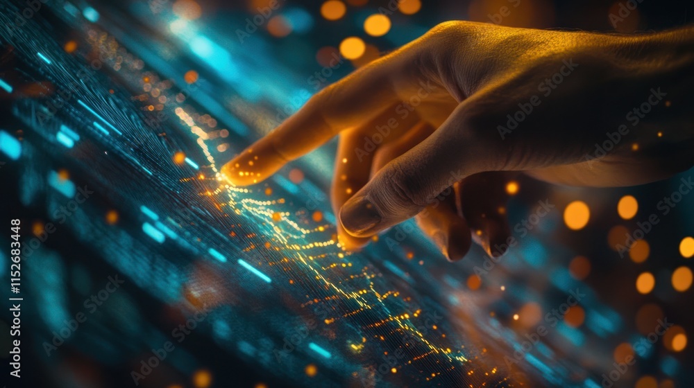 Leinwandbilder A hand interacts with a glowing digital interface, symbolizing technology and data connection.