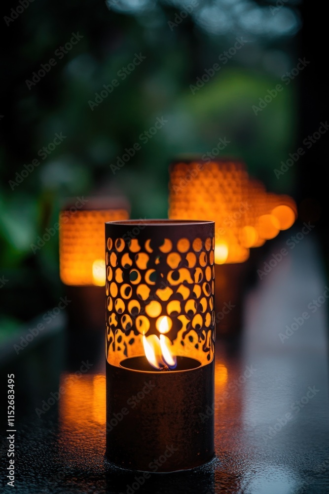 Poster A serene display of illuminated candle holders casting warm light in a tranquil setting.