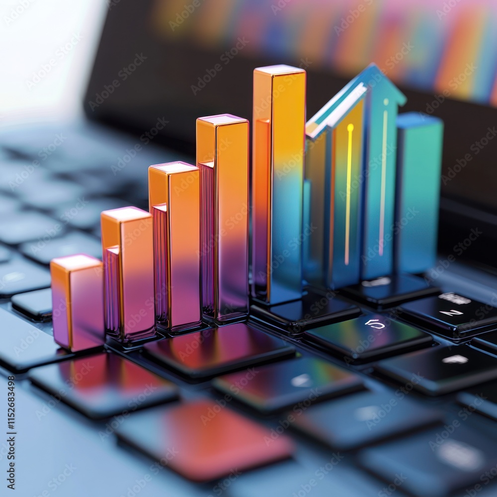 Poster A colorful bar graph and line chart displayed on a laptop keyboard, symbolizing data analysis.