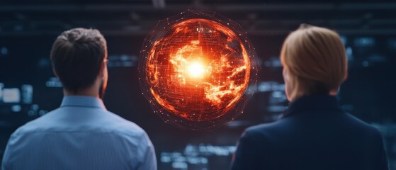 Fototapeta premium Two individuals observe a glowing, fiery orb, suggesting themes of technology, exploration, and discovery in a futuristic setting.