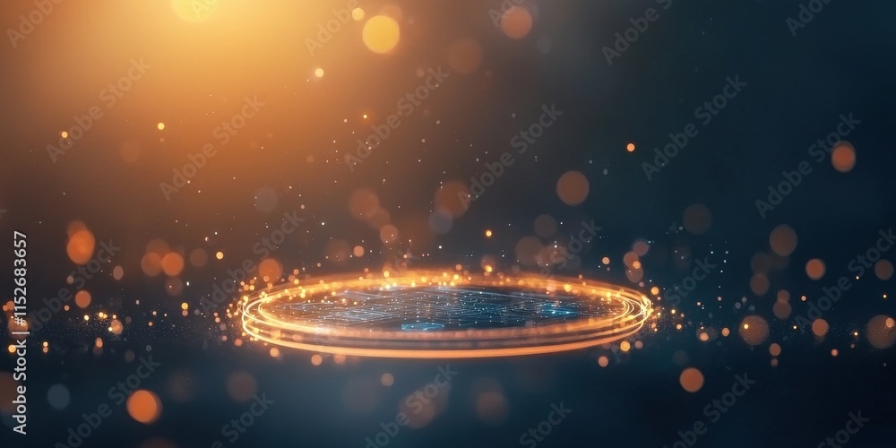Poster a glowing circular pattern with sparkling particles against a dark background, creating a magical, e
