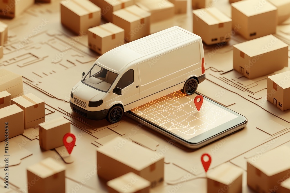 Poster a delivery van on a smartphone map, surrounded by cardboard boxes, symbolizing logistics.