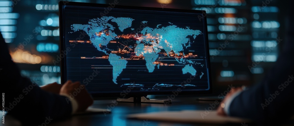 Poster a person analyzes a digital world map on a monitor, showcasing data points and connections, set agai