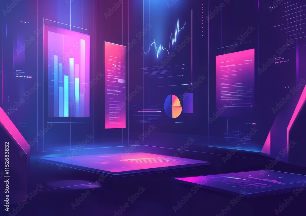 Poster Futuristic data visualization interface with holographic displays showing graphs, charts, and code.