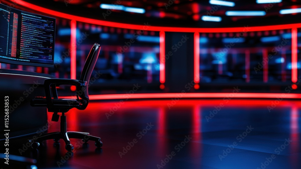 Poster a modern studio setting with a glowing red backdrop, featuring a sleek chair and illuminated screens