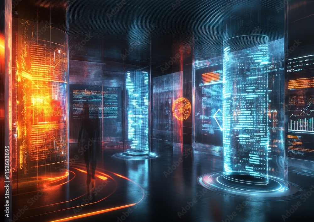 Poster Futuristic data center with holographic displays showing code and global data.