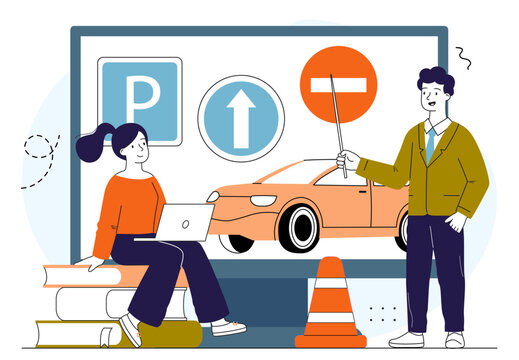 Lesson in driving school. Man and woman with road signs near car. Education and training. Theory for drivers. Student learning traffic rules. Test or exam. Linear vector illustration