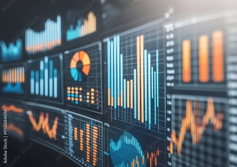 Poster Close-up of a computer screen displaying numerous financial charts and graphs, illustrating data analysis and market trends.