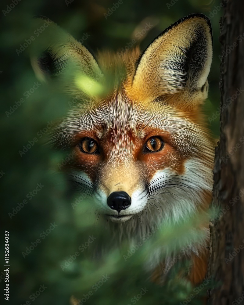 Poster a close-up of a fox peering through foliage, showcasing its vivid features and expression.