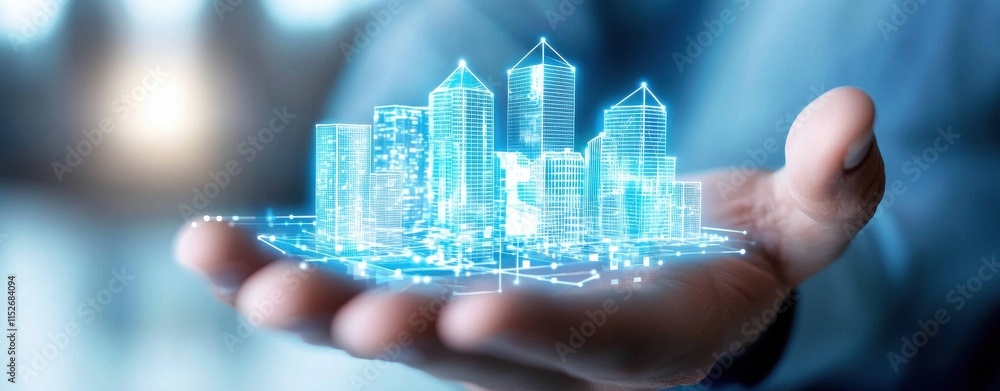 Poster a hand holds a holographic representation of a futuristic city, showcasing advanced architecture and