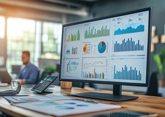 Data analytics dashboard displayed on a large monitor in a modern office setting.