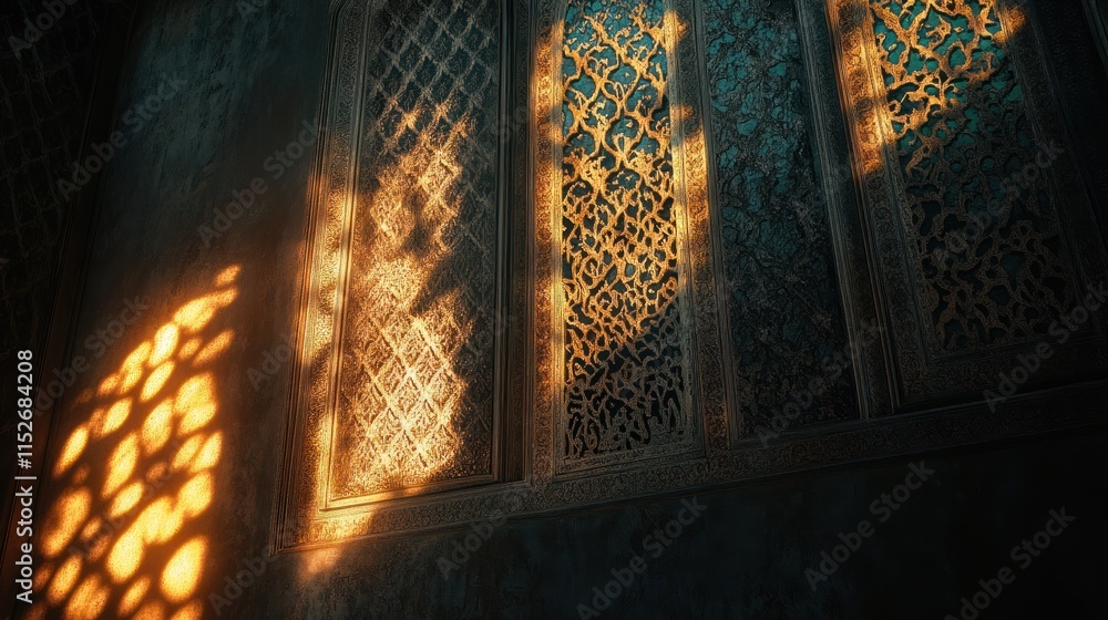 Aufkleber Intricate patterns cast shadows through ornate windows, creating a warm, inviting atmosphere.