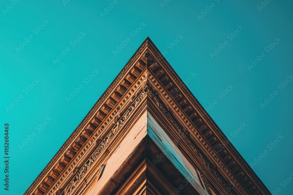 Poster a close-up view of an ornate building corner against a clear blue sky.