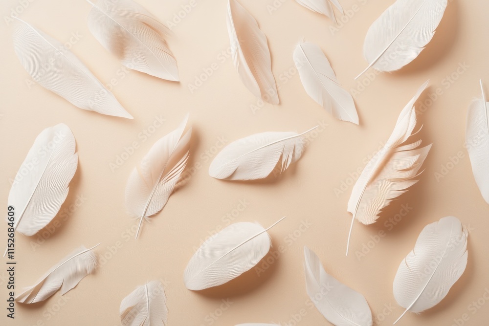 Poster A collection of delicate white feathers arranged on a soft beige background.