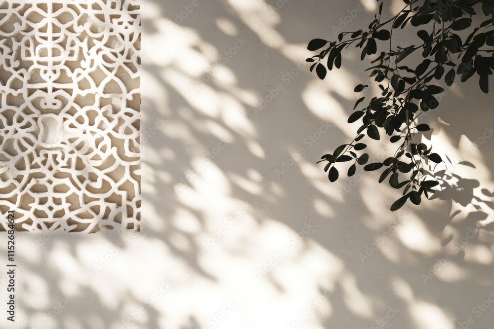 Poster A decorative wall with intricate patterns and soft shadows from nearby foliage.