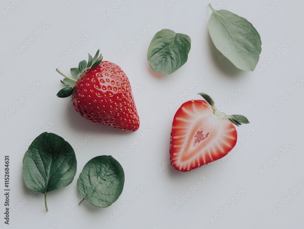 Poster a fresh strawberry and its sliced half surrounded by green leaves on a light background.