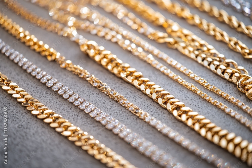 Poster a collection of gold and silver chains displayed on a surface.