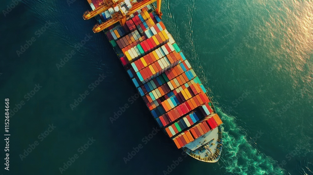 Poster aerial view of a cargo ship loaded with colorful shipping containers in the ocean.