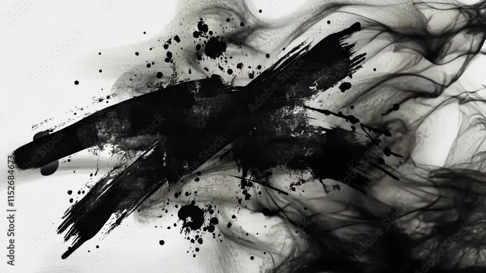 Poster abstract black and white artwork displaying dynamic movement and splashes of ink on a light backgrou
