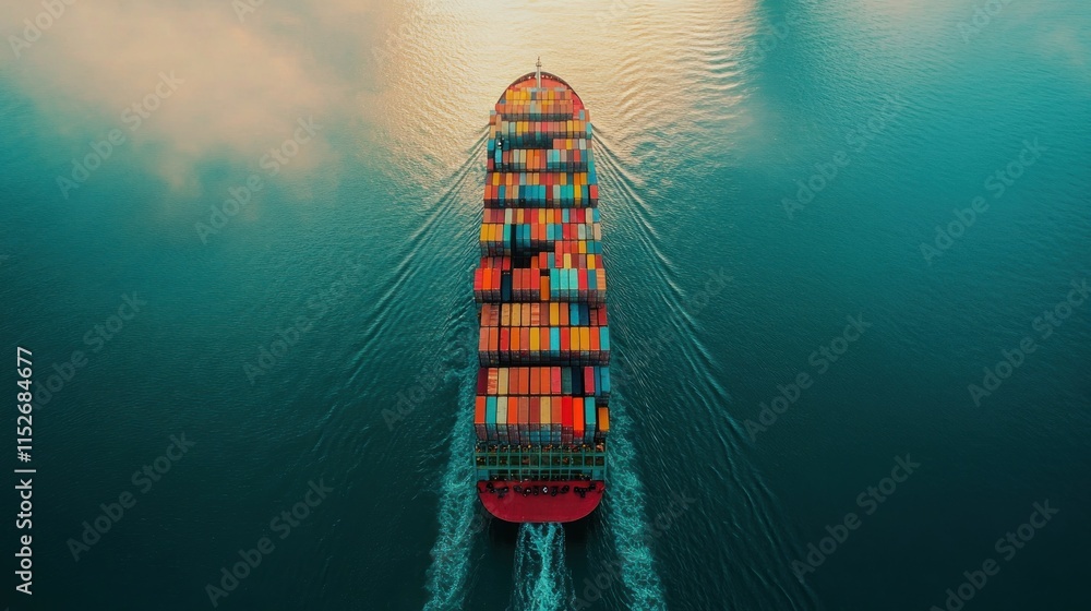 Poster Aerial view of a cargo ship navigating through calm waters, loaded with colorful containers.