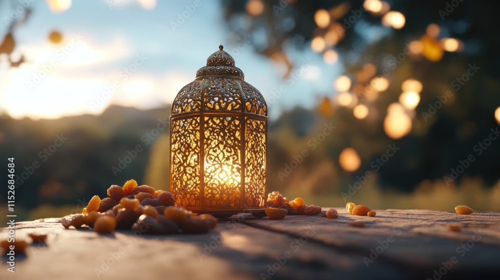 Aufkleber a decorative lantern illuminates a rustic table scattered with dried fruits at sunset.